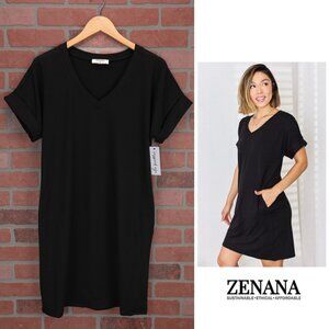Zenana - Black T-Shirt Dress with Pockets - Small
